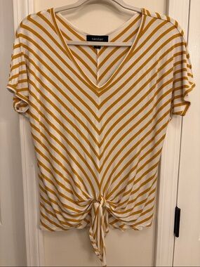 Karen Kane White and Mustard Stripe Tie-Front V-Neck Tee